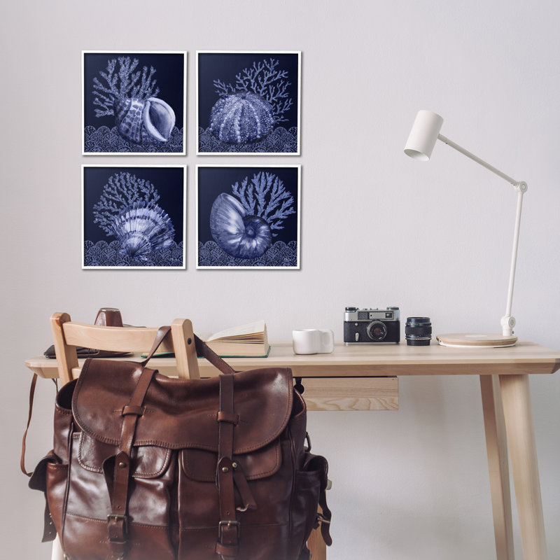  Indigo nautique, coquillages, ensemble de 4 giclées par Paul Brent, H 12 po x l 12 po