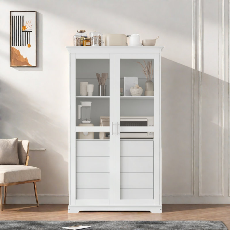 Garde-manger avec portes en verre et 4 tiroirs intégrés, White