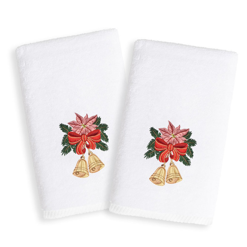 Christmas Bells Embroidered Luxury Turkish Cotton Hand Towel, White