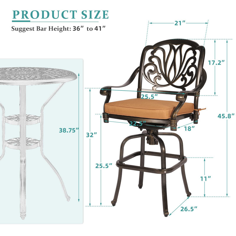 Tabouret de bar 45,8 po avec coussin, Bronze foncé, Kaki
