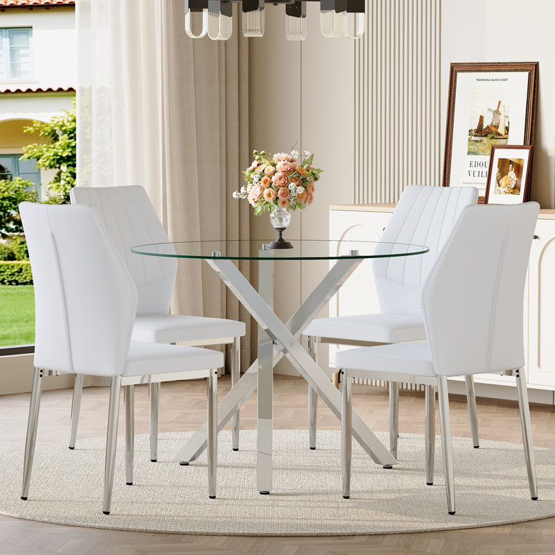 Ensemble de table de salle à manger 5 pièces avec plateau rond en verre et pieds en métal, Blanc, Argent argent
