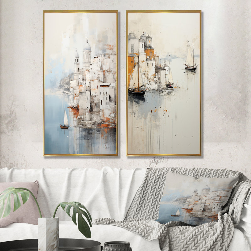 Minimalisme «Coastal Port Perception» - ensemble de 2 reproductions d'art mural, Encadrement doré, H 28 po x l 25 po