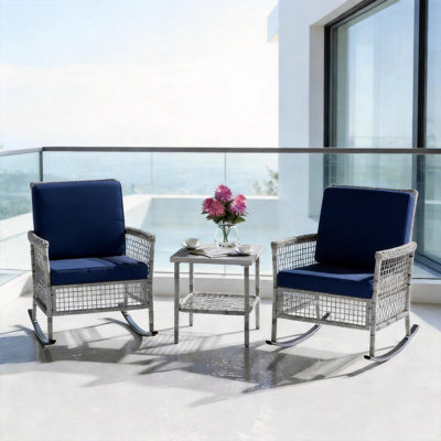 Ensemble de chaises berçantes en osier, ensemble bistro de patio avec coussins et table d'appoint, ensemble bistro en rotin pour l'extérieur, 3 pièces, bleu