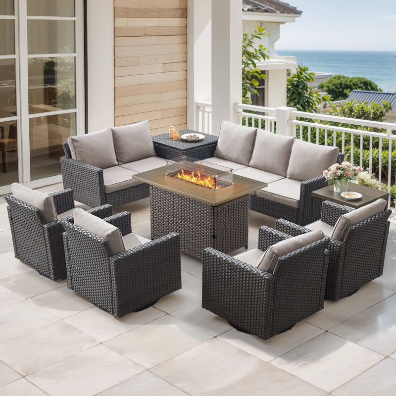 Ingvald 9 Piece Wicker Outdoor Patio U-Shaped Feet Conversation Set Group , Include Fire Pit Table, Beige