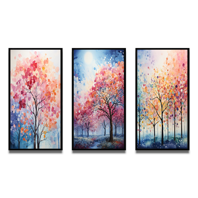 «Pink and Blue Trees Field Pointillism III», 3 pièces sur toile, Cadre noir, H 28 po x l 36 po