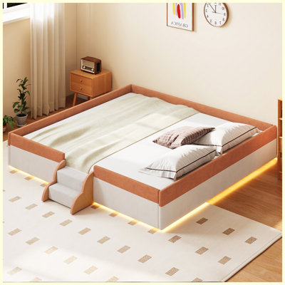 Structure de lit tapissier pour grand lit avec lumières à DEL et clôture de plancher et marches à 2 niveaux Blanc