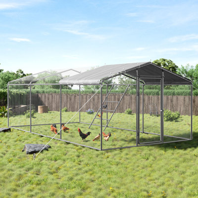 9×19FT Large Chicken Coop with Perch and Hinged Door, Spire Roof Walk-in Chicken Run with Metal Frame and PE Cover for Backyard Poultry, Ducks, Rabbits