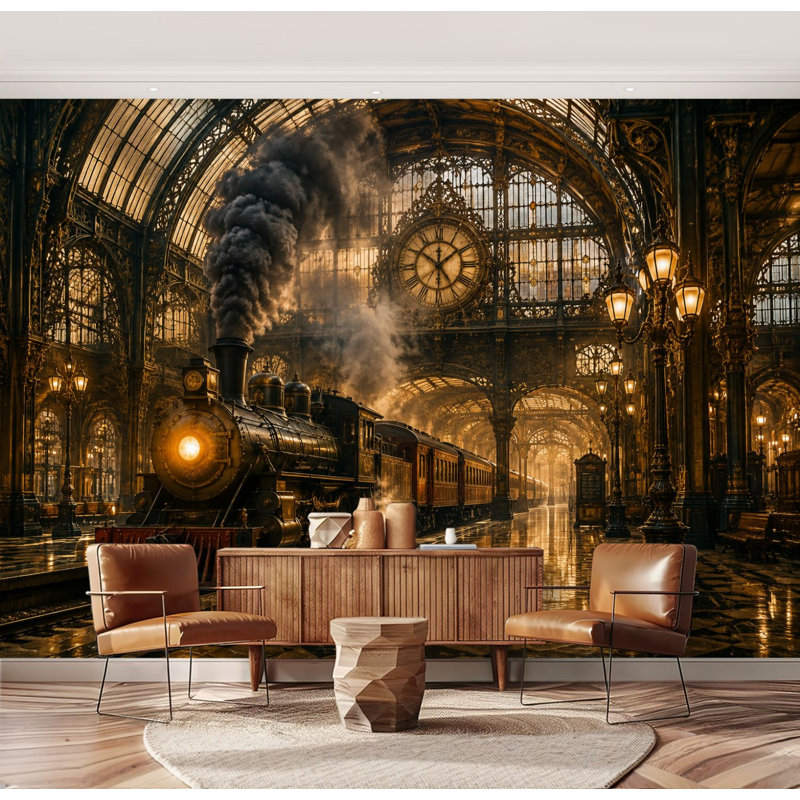 Papier peint mural autocollant et repositionnable, motif de train vintage et grande gare architecturale lumineuse, idéal pour le salon, la chambre ou la chambre d'enfant (175 cm H x 244 cm L).
