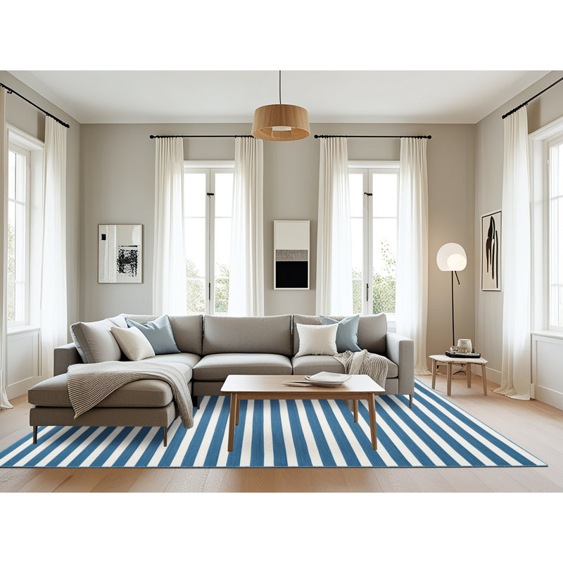 Machine Washable Horizontal Stripes Blue Area Rug, Rectangle 6' x 9'