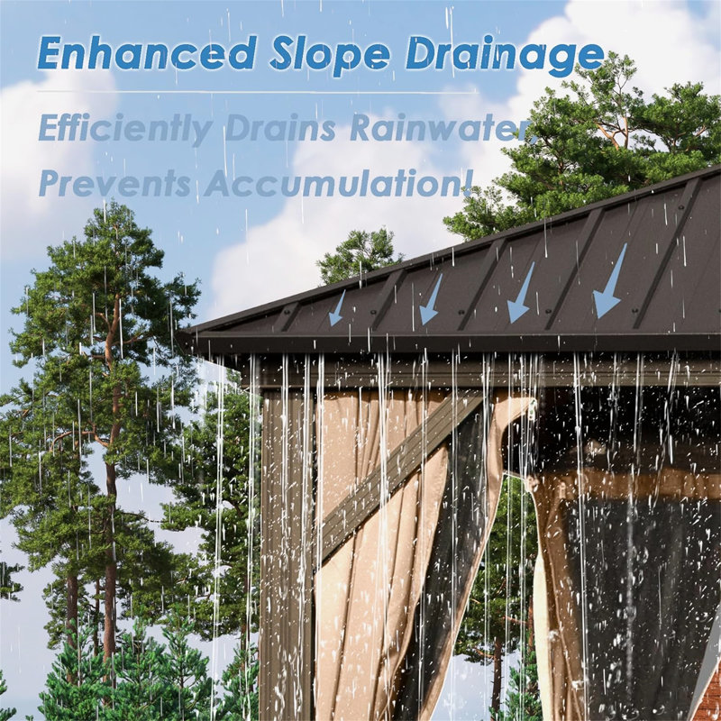 Pavillon de jardin brun 10 pi x 14 pi Fabriqué en aluminium et en acier galvanisé. Spacieux pour s'amuser en plein air. Conçu pour résister aux intempéries. Double toit pour une meilleure ventilation