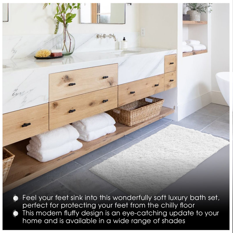 Luxury Zero Twist Bath Mat Set 2 Piece Plush Microfiber Bathroom Rug & Pedestal Mat Non Slip Absorbent Washable, White