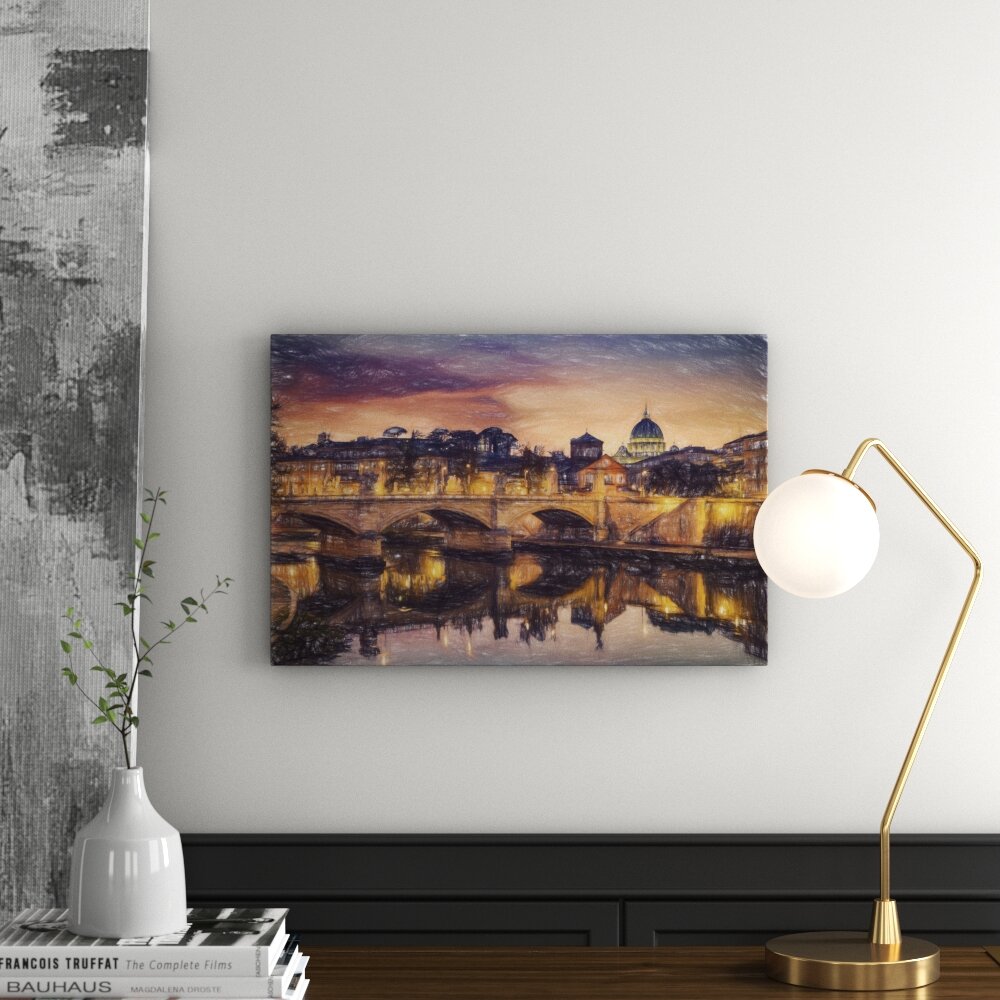 Leinwandbild „Rom am Tiber in Richtung Kathedrale St. Peter“, Grafikdruck