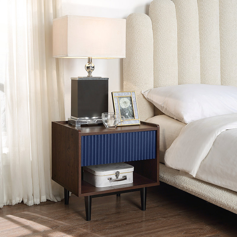 Duane 20" W Mid-Century Modern Nightstand with Full Extension Drawer and Shelf in Navy Blue, Dark Brown/Navy Blue