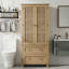 Armoire de rangement en chêne et rotin à deux tiroirs et porte en lin
