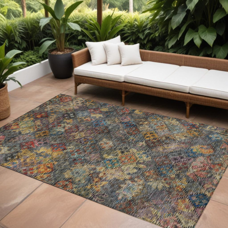 Tapis extérieur lavable floral gris et vert terre cuite 8 pi x 10 pi