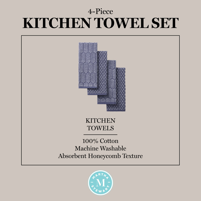 MARTHA STEWART Honeycomb Chambray Textured Kitchen Towel 4-Pack Set Natural 16"x28", Navy Blue