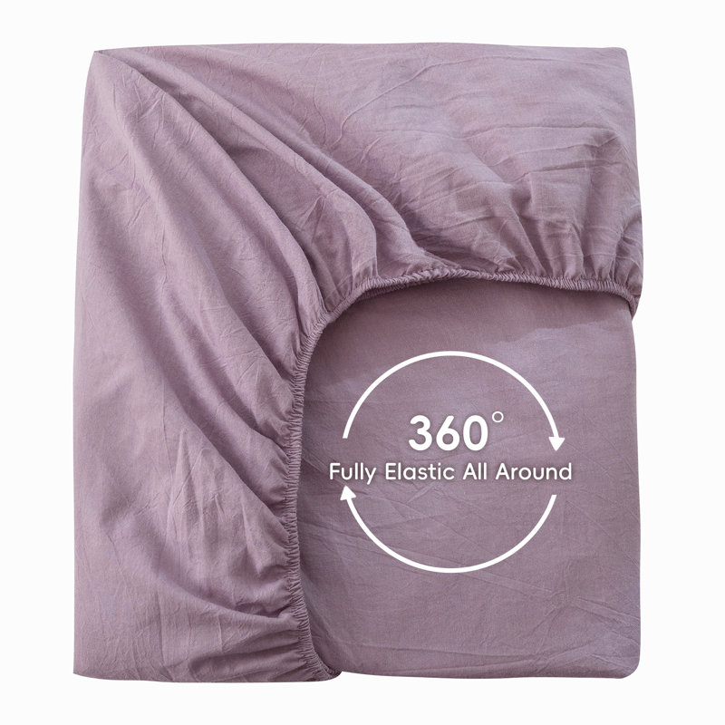 MooMee Fitted Sheet Only Extra Deep Pocket 100% Washed Cotton Linen Like Textured Lightweight Breathable, Light Purple, King