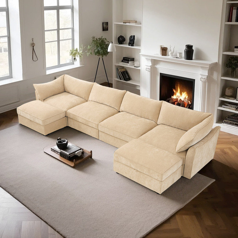 Canapé modulaire moderne avec tiroirs cachés et repose-pieds avec rangement, Chenille blé