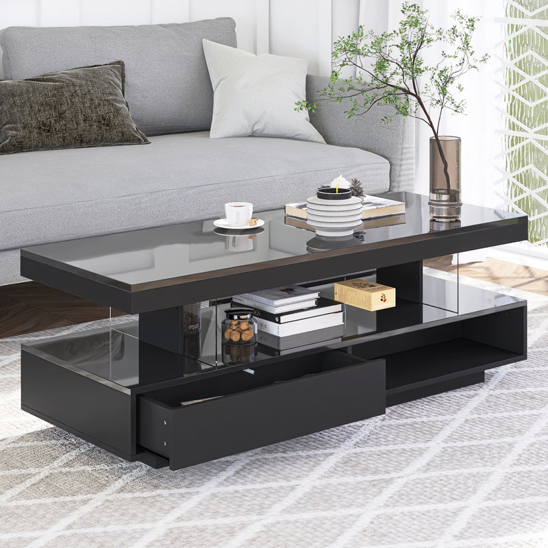 Table basse moderne à DEL avec 2 tiroirs, tablettes, Black
