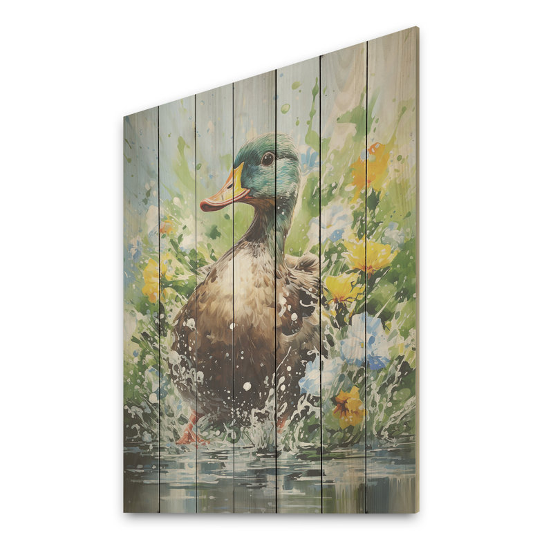 Canard, printemps, éclaboussures, canard, impression sur bois, H 20 po x l 10 po