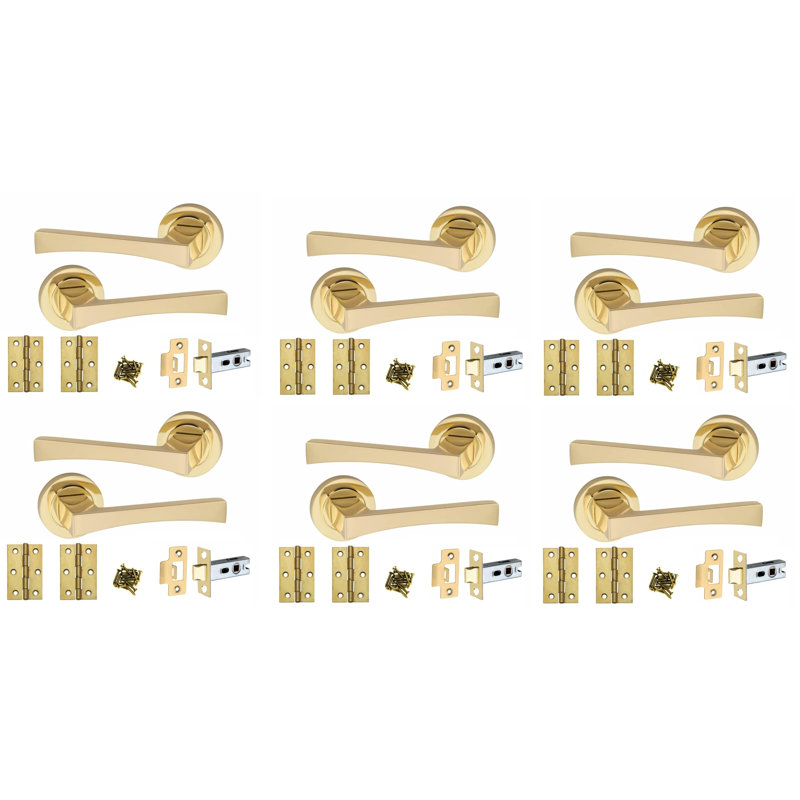 6 Pairs Wave Design Door Handles Latch on Round Rose in Matt Black Finish - 52mm Diameter, Latch and Installation Hardware