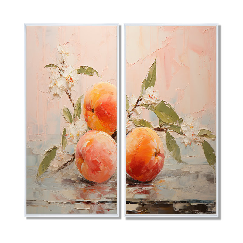 Fruit abstrait pêche - ensemble d'art mural traditionnel de 2, 40" H x 40" W, Impression encadrée flottante, White