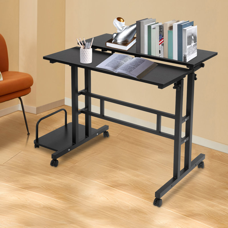 Multi Functional Foldable Desk Modern Computer Desk Adjustable Height Computer Table With Universal Wheels, Brown/Black