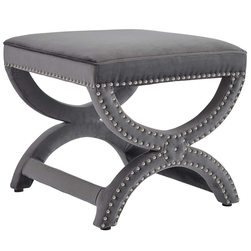 Gray Velvet Upholstered X-Base Ottoman with Nailhead Trim