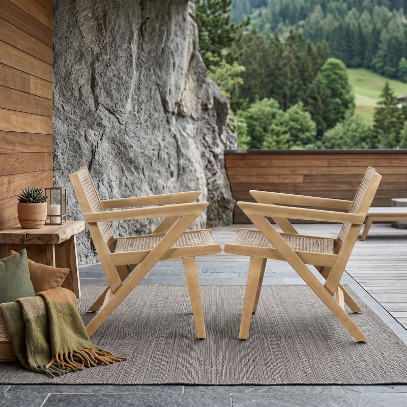 Ensemble de 2 fauteuils d'extérieur transitionnels avec cadres en bois d'acacia et accents en osier tissé