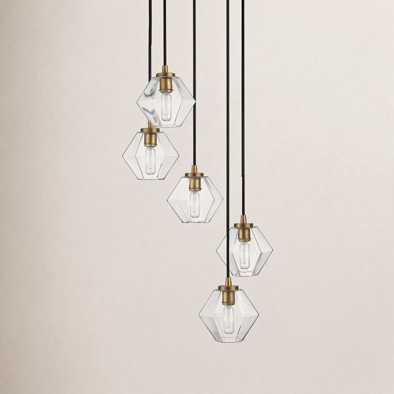 Marseille 5 - Light Shaded Geometric Chandelier in Natural Brass, Natural Brass, Transparent
