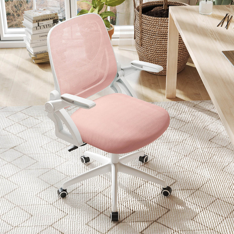 Chaise de bureau en filet avec support lombaire et accoudoirs rabattables à roulettes pour le travail, Rose, Blanc