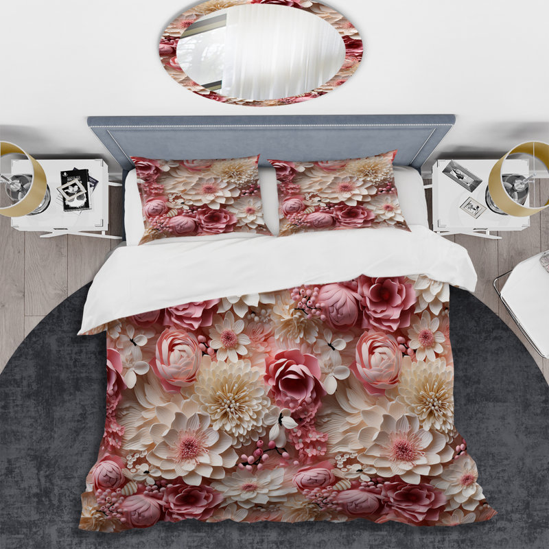 Ensemble de housse de couette à fleurs roses et blanches, Housse de couette pour très grand lit et 2 très