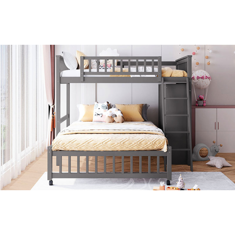 Wooden Twin Over Full Bunk Bed In Gray With Six Drawer Cabinets And Adjustable Shelf Spaces Drawers, Capabilities, A Setup Potential
