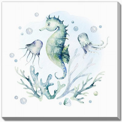 Hippocampes, art mural sur toile