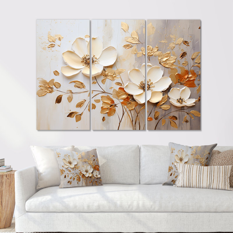 Fleurs saisonnières beiges et dorées Blooming I - ensemble d'art sur toile Fleurs saisonnières, H 32 po x l 48 po x P 1 po