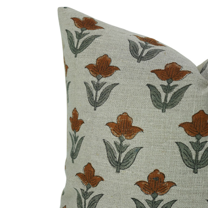 Fabdivine thick linen pillowcase cushion cover, throw, block print (tulip, brown), 20"H x 12"W, Rectangular