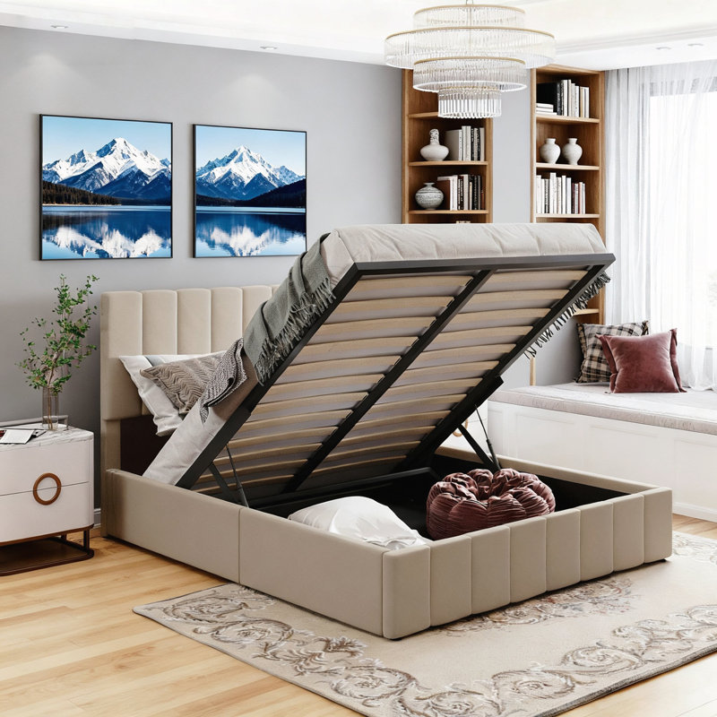 Grand lit plateforme tapissier, Beige