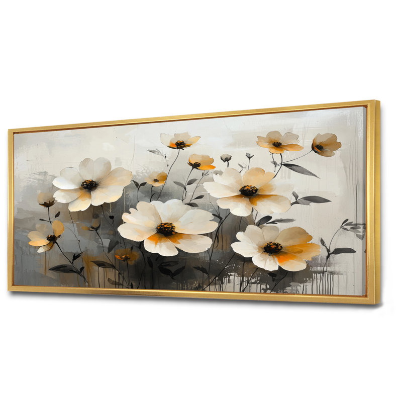 Jabri Golden Zinnias, H 28 po x l 60 po, Impression encadrée flottante, Doré