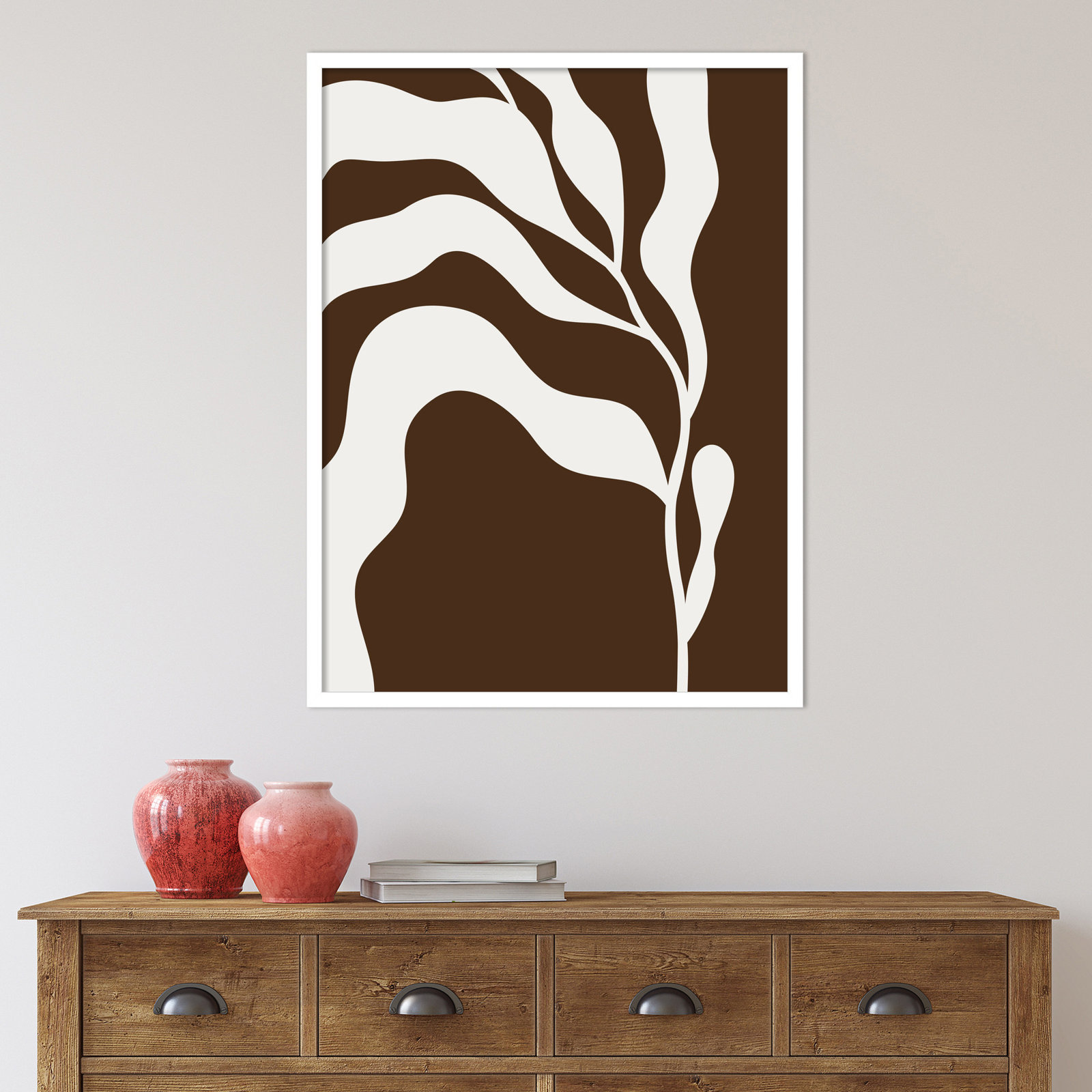 Retro Matisse Inspired Abstract Botanical 2 Brown, White, 33" H x 25" W x 1" D