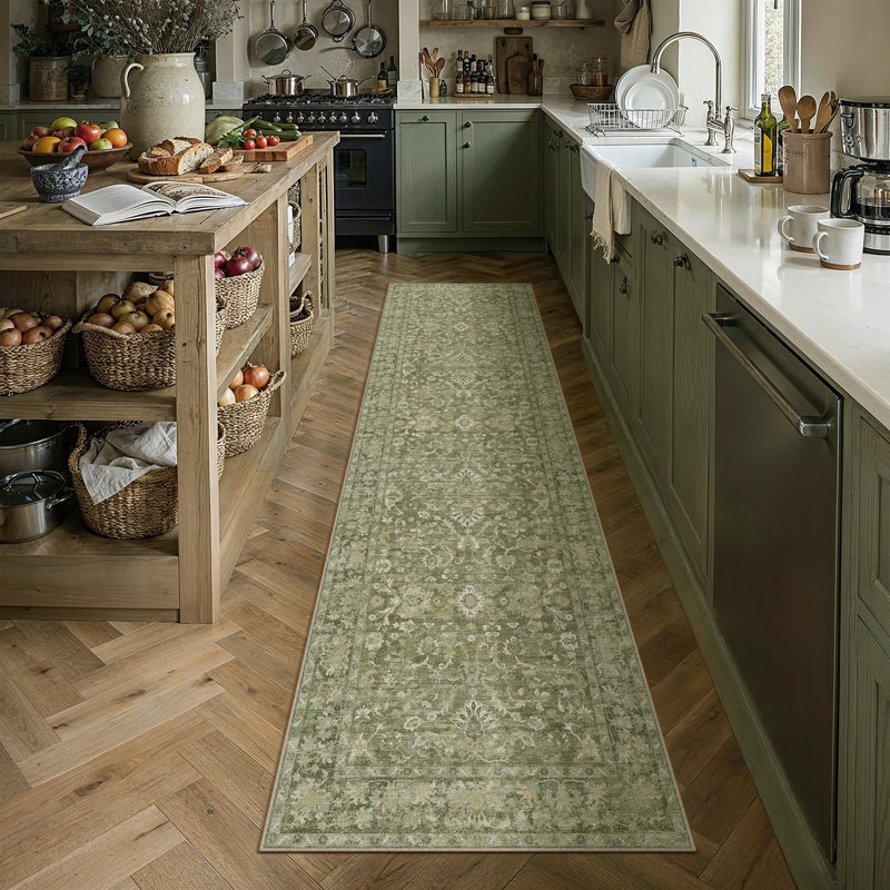 Tapis floral lavable à la machine avec envers antidérapant Veyra, Vert, Runner 2' x 8'