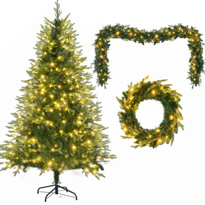 6FT Pre-Lit Aspen Fir Artificial Christmas Tree With Wreath & Garland,Grass  Xmas Tree With 380 Multi-Colour LED S, 11 Ing Modes, 861 PE Branch Tips,  Indoor Holiday Decor