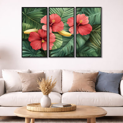 Art mural hibiscus, toile de fleur tropicale - hibiscus tropical et palmiers, ensemble de 3 toiles encadrées, décor tropical moderne