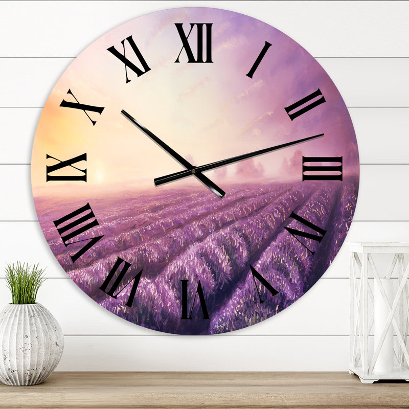 Lavande champs pendant l'aube - horloge murale moderne, Moyen