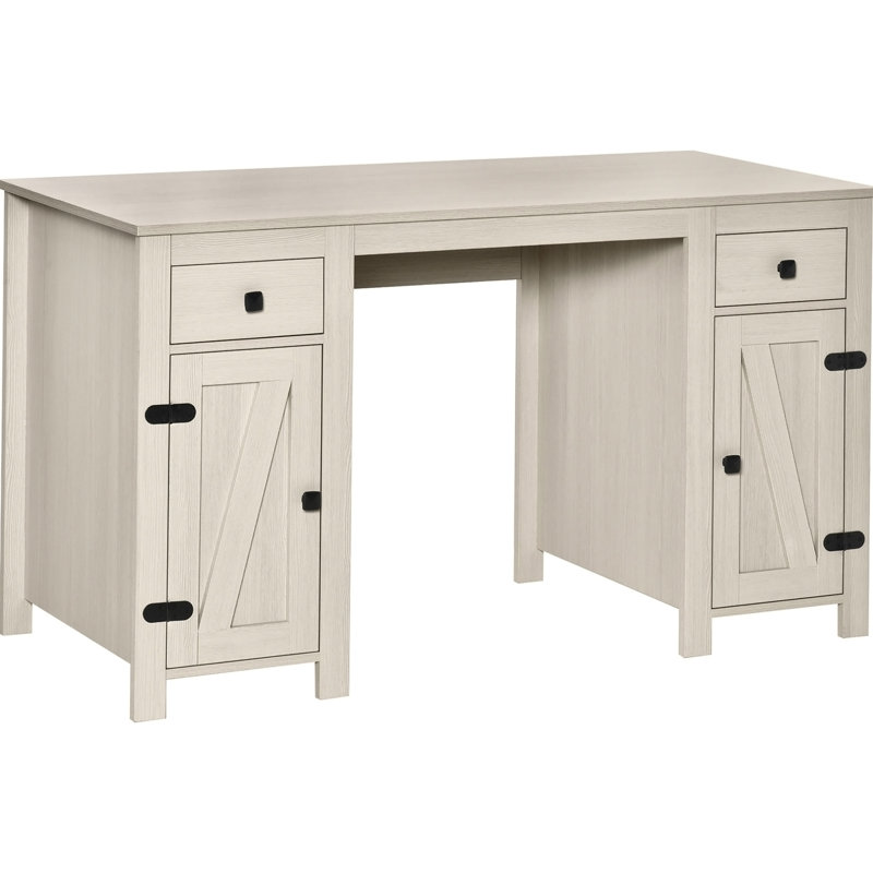 Bureau d'ordinateur avec rangement Farmhouse, bureau avec 2 tiroirs et 2 armoires, blanc crème