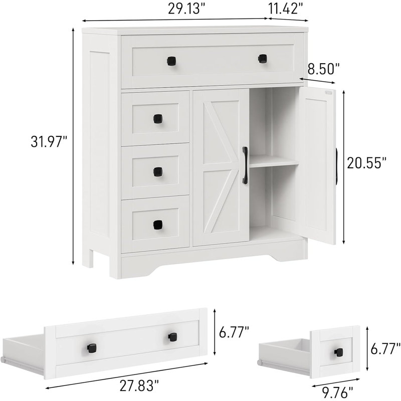 Farmhouse Storage Cabinet With 2 Doors And 4 Drawers, Freestanding Bathroom Storage Cabinet Kitchen Pantry Cabinet, Floor Storage Cabinet Hutch Cupboard For Living Room/Bathroom/Kitchen,