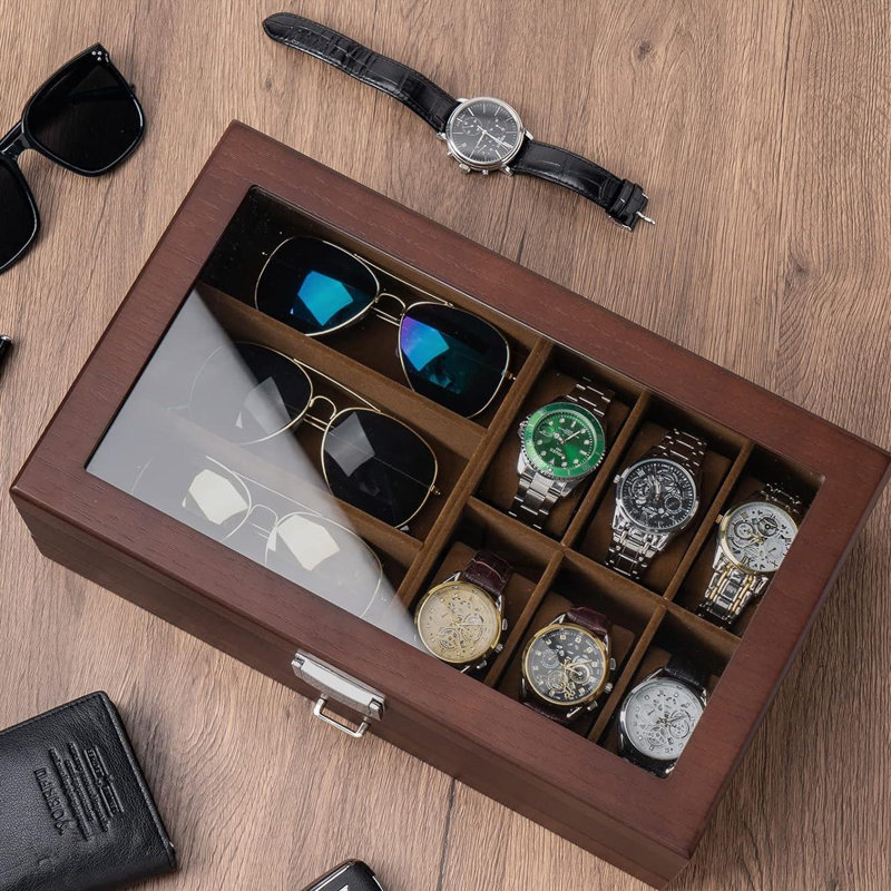 Boîte à bijoux en bois pour homme, porte-montre à 2 niveaux et boîte à lunettes de soleil pour homme, vitrines avec plateau en verre transparent et tiroir de rangement