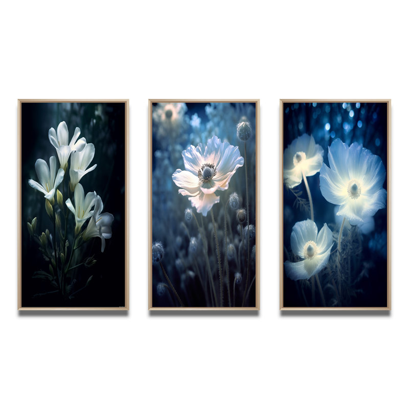 «White Green Petals And Beauty», 3 pièces sur toile, Cadre naturel flottant, H 32 po x l 48 po