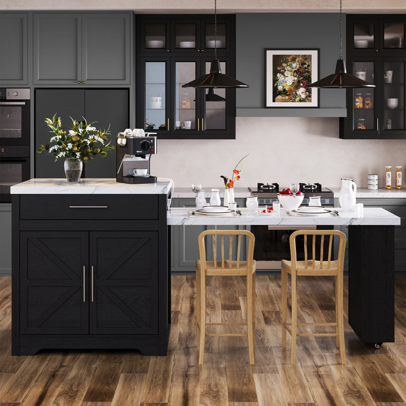Modern Farmhouse Extendable Kitchen Island with Built-in Power Outlets, Faux Marble Top, Side Storage Shelves, and Wine Glass Rack - Black