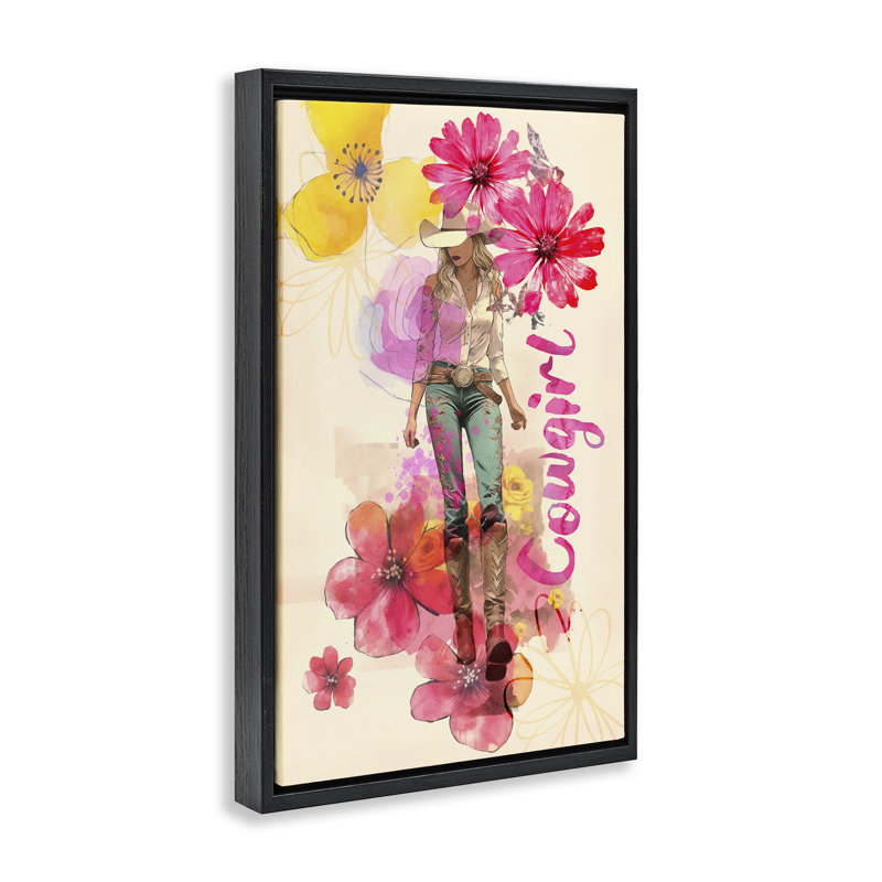 Toile flottante encadrée «Fancy Floral Cowgirl» par Andrea Haase, Cadre flottant noir, H 25 po x l 17 po