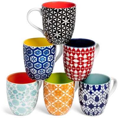 Grande tasse à café, tasse à thé, tasse à café en céramique, grande tasse avec poignée, pour hommes femmes, porcelaine blanche grise mignonne avec motifs colorés, capacité de 16 onces liquides, ensemble de 6 tasses à café décoratives